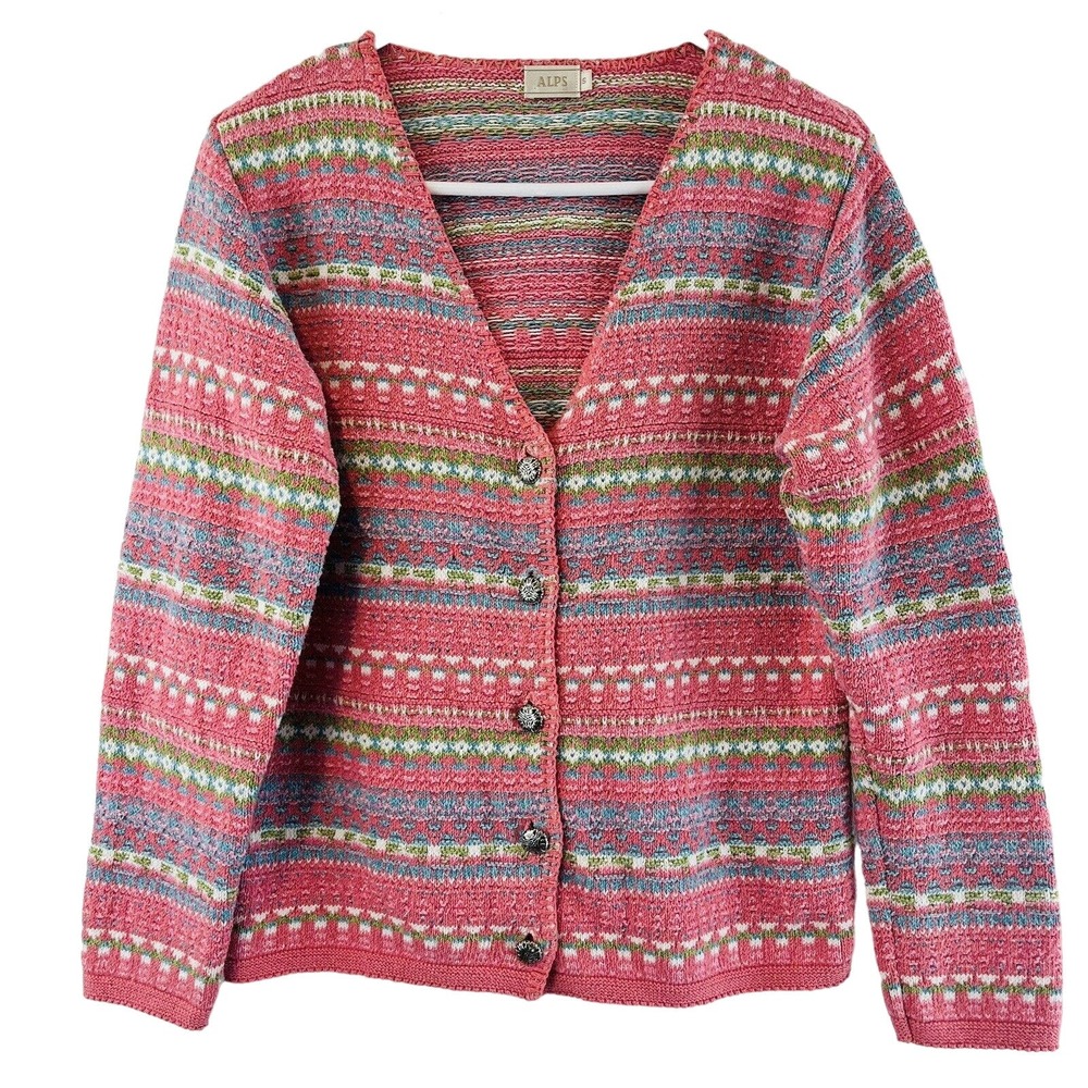 Vtg Womens S Alps‎ Cardigan Sweater Pink Fair Isle Cotton Acrylic Metal Buttons